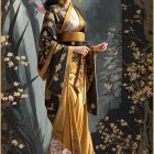 Traditional Asian woman in ornate outfit with cherry blossoms background