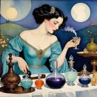 Glamorous Woman Mixing Potions in Mystical Setting