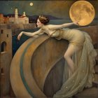 Elegant Woman in Flowing Gown with Golden Moons