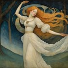 Young woman in flowing dress holding golden orb