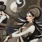 Elegant Women in Traditional Attire Against Serene Landscape