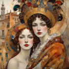 Intricately detailed women with pre-Raphaelite style hair by Venetian canal