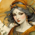Stylized portrait of a woman with wavy hair and amber garment