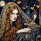 Serene Woman in Translucent Fabrics Against Night Sky