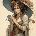 Ethereal woman with red flower headpiece against crescent moon in thoughtful pose