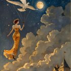Glamorous Woman in Golden Gown with Angel and City Skyline