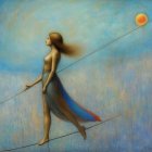 Surreal Painting of Woman Balancing on Wire with Orb
