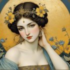 Stylized portrait of a woman with golden birds