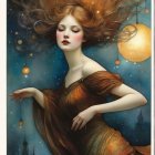 Illustrated woman with red curly hair in front of starry arch and Venetian waterway.