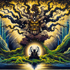 Regal figure in gown with crown and mystical cityscape