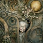 Serene Woman in Holly Crown with Lanterns and Stars