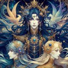 Serene figure in ornate blue and gold attire with flowers