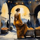 Elegant Woman in Orange Gown in Sunrise Room