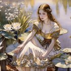 Woman in Garden with Stone Arches and Vibrant Flowers