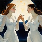 Elegantly Dressed Women Under a Full Moon