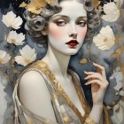 Adorned Woman Surrounded by Floral Patterns and Jewelry