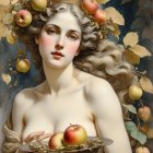 Dark-haired woman in orange gown with golden headpiece against crescent moon.