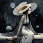 Ethereal Figure by Tranquil Water Under Starry Sky