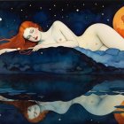 Nude Woman with Red Hair in Ethereal Night Landscape