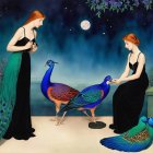 Elegant Women in Black Gowns with Peacock Feathers