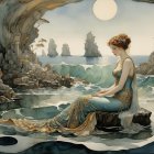 Elegant Woman in Gown Overlooking Autumn Landscape