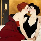 Two women in red attire seated on plush surface