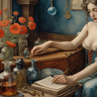 Serene Woman Reading at Ornate Desk with Flowers