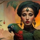 Woman in Black Gown with Owl at Sunset Window