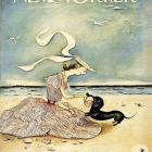 Elderly women in vintage gowns enjoy a moonlit beach