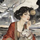Art Deco Painting of Woman with Eagle and Night Sky