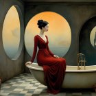 Elegant Woman in Orange Gown in Sunrise Room