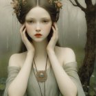 Pale woman with dark hair in jeweled headpiece, touching cheeks in dreamy expression against muted background