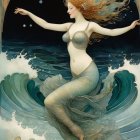 Art Nouveau Woman with Fan and Flowing Garments on Seaside Background