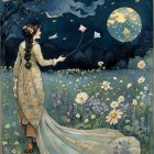 Elderly Women in a Flower Meadow at Twilight