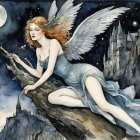 Elegant red-haired fairy in a serene night setting