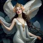 Fairy with Auburn Hair and White Wings in Greenery