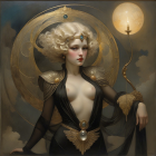 Young Woman in Surreal Landscape with Moon and Path