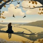 Young girl in dark dress on branch with scenic view