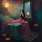 Serene Woman in Red Gown by Stone Window