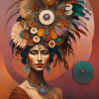 Portrait of woman with peacock feather headdress and ornate jewelry on colorful circle background