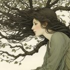 Young Woman in Nature with Blossoms and Green Garment