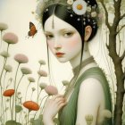Young woman with solemn expression in digital painting against abstract botanical backdrop