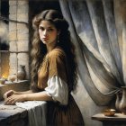 Young Woman in Flowing Dress Gazing Out a Window