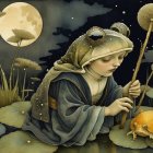 Young girl with red hair among dandelions and leaves