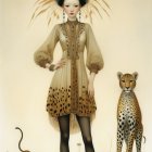 Stylized woman with whip, green leopard-spotted dress, large leopard, cub, flowers