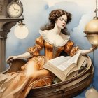 Stylized woman in elegant, earthy attire sits in surreal setting with tree and hot air balloon