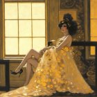 Elegant figure in golden gown on a luxurious bench