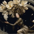 Kneeling Figure in Stylized Costume with Ethereal Flowers