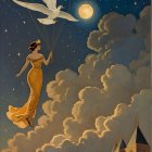 Moonlit Courtyard with Woman in Yellow Gown and Pumpkins