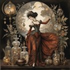 Woman in Autumn Gown by Window with Seasonal Decor